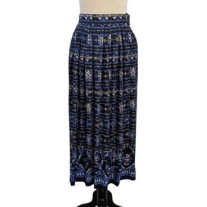 Vintage 80s Blue Black Midi Skirt S/M Rafaella Boho Goth Geometric Rayon